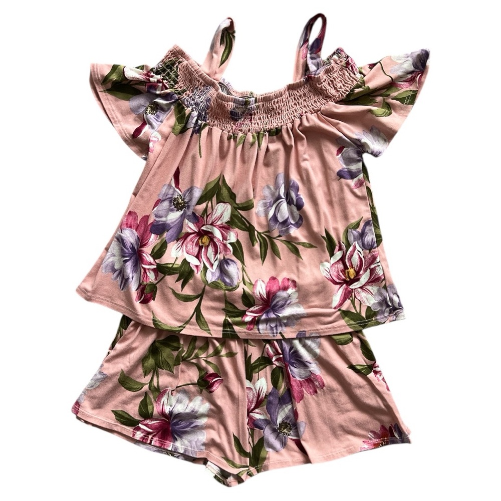 Floral Off-Shoulder Pink Shorts Set Size 14 EUC